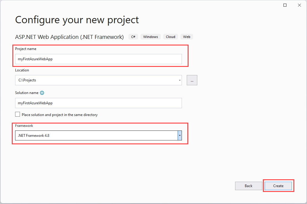 Cuplikan layar Mengonfigurasi proyek aplikasi web Anda.